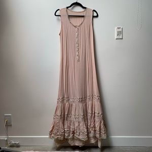 (SOLD) Vintage Pink Maxi Lace Dress with Ruffle Trims